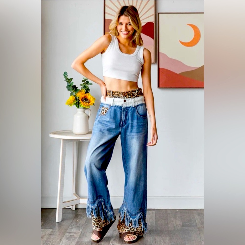 OLI AND HALI LEOPARD PRINT FRINGED OUT DOUBLED UP JEANS!